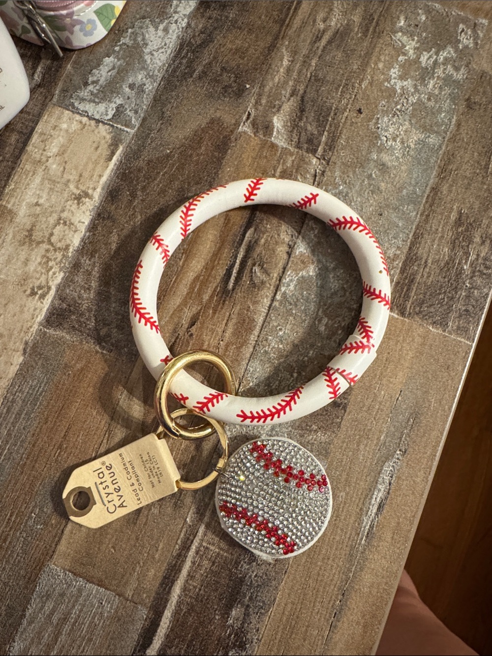 White and Red Baseball-Stitched Wrist Keyring with Crystal Baseball Charm